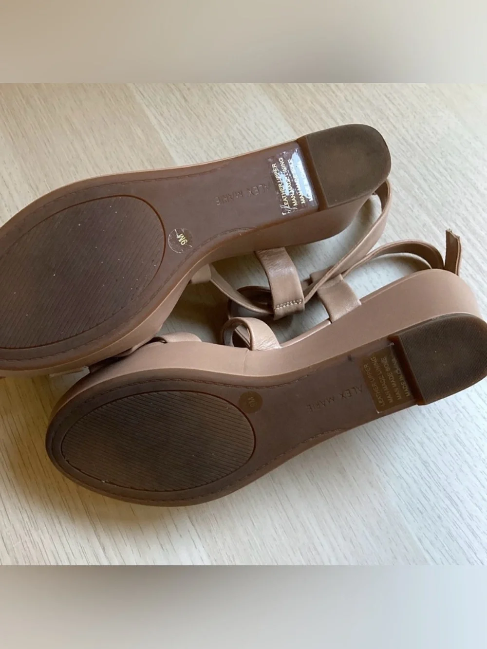 Alex Marie Nude/Tan Crisscross Wedge Sandals with Buckle, Women’s Size 9